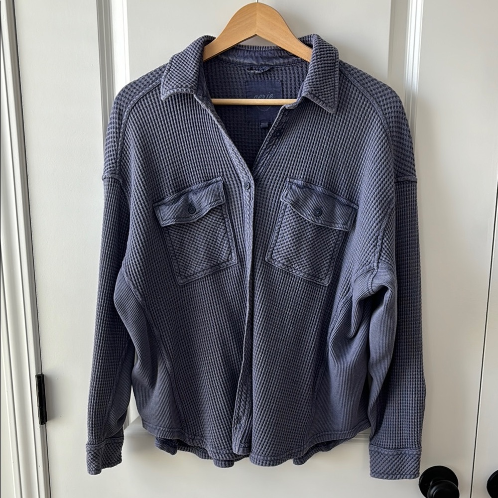 Aerie Blue Waffle Knit Button-Up Top